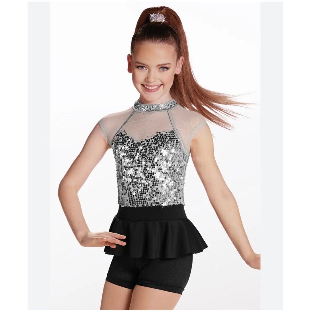 Weissman Showtime | Tightrope Sparkly Silver Black Biketard Dance Costume, IC